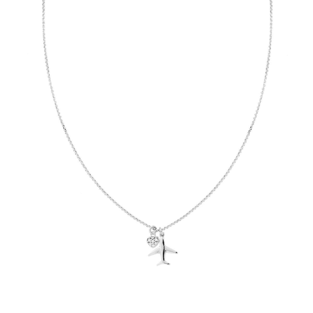 Collana Catena Rolo Diamantata con Aeroplano e Cuore Cubic Zirconia Bianco in ARGENTO 925 Galvanica Rodio
