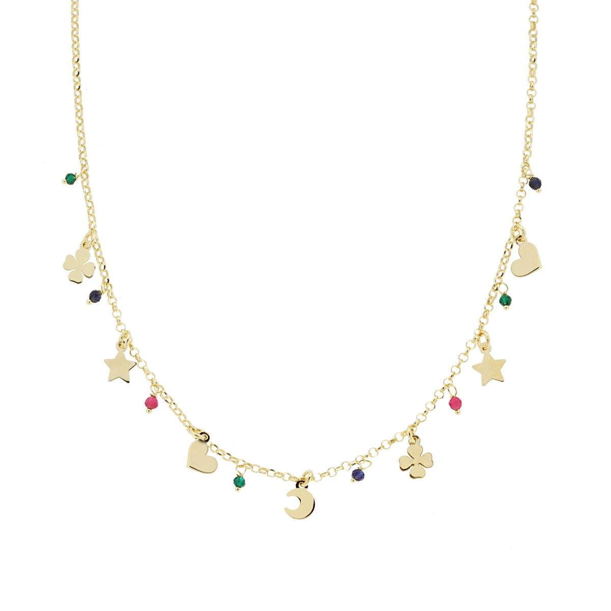 Collana Catena Rolo Diamantata con Soggetti portafortuna plain e Crystal Multicolor pendenti in ARGENTO 925 Galvanica Oro