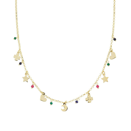 Collana Catena Rolo Diamantata con Soggetti portafortuna plain e Crystal Multicolor pendenti in ARGENTO 925 Galvanica Oro