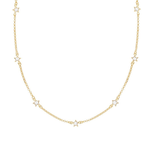 Collana Catena Rolo Diamantata con Stelle Cubic Zirconia Bianchi in ARGENTO 925 Galvanica Oro