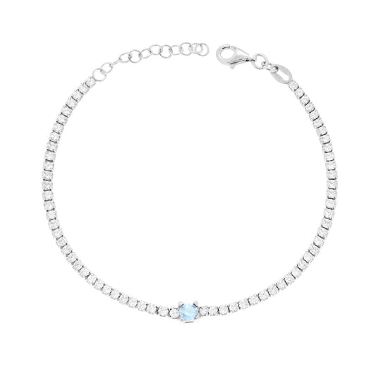 Bracciale Tennis con Cubic Zirconia Bianchi e Tondo Acquamarina in ARGENTO 925 Galvanica Rodio