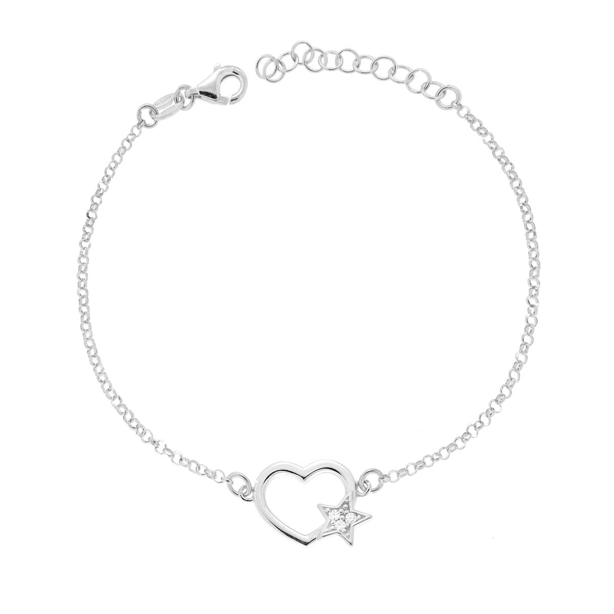Bracciale Catena Rolo Diamantata con Cuore traforato e Stella con Cubic Zirconia Bianchi in ARGENTO 925 Galvanica Rodio
