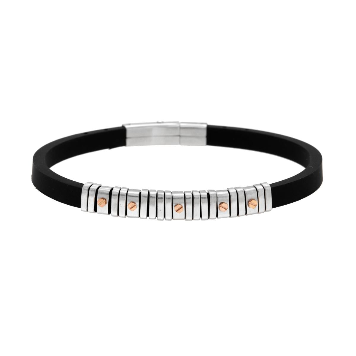 Bracciale in PVC Caucciu Nero con Accessori colore Rosa in ACCIAIO