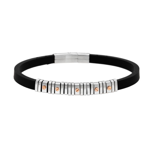 Bracciale in PVC Caucciu Nero con Accessori colore Rosa in ACCIAIO