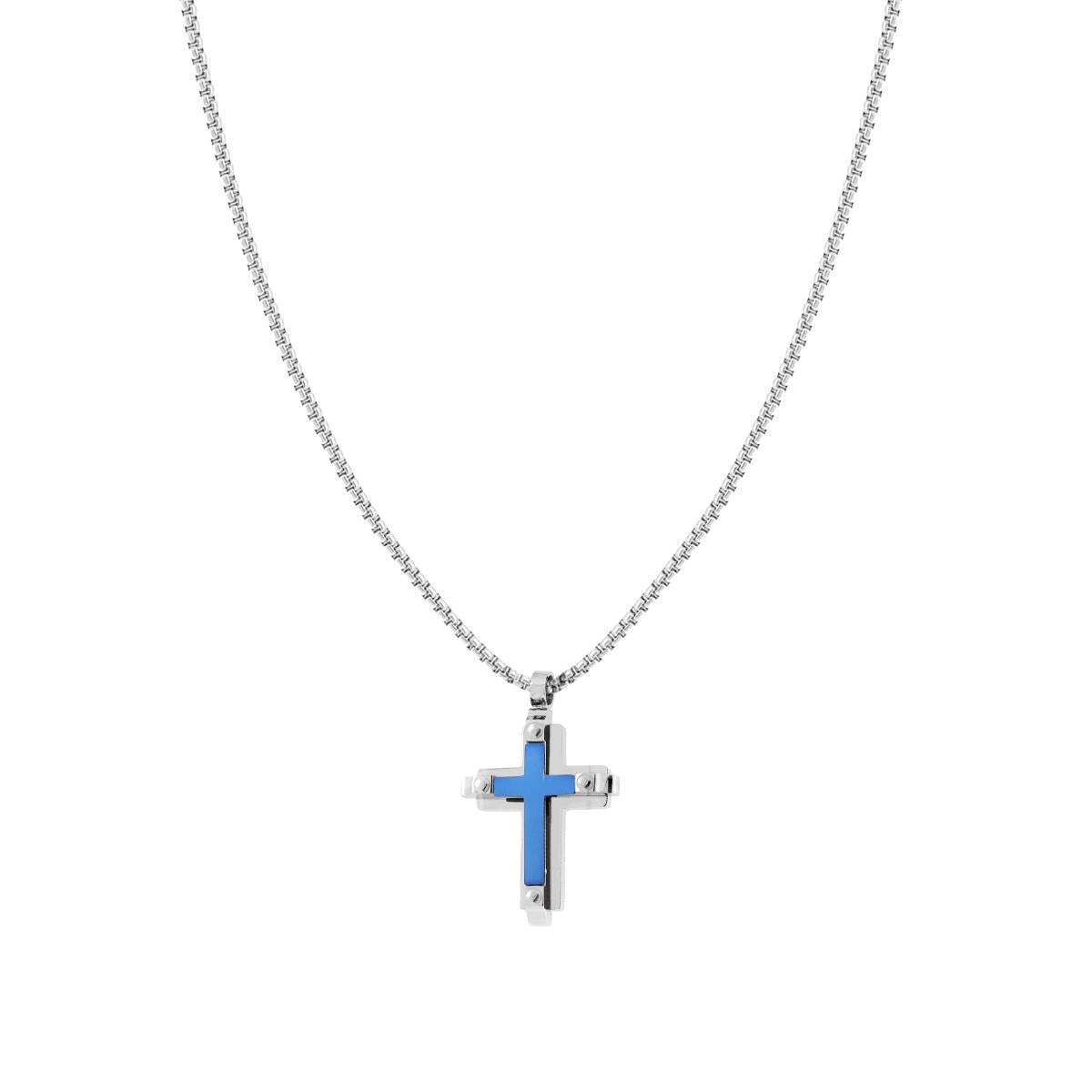 Collana Catena Veneziana Tonda con Croce Blu e ACCIAIO