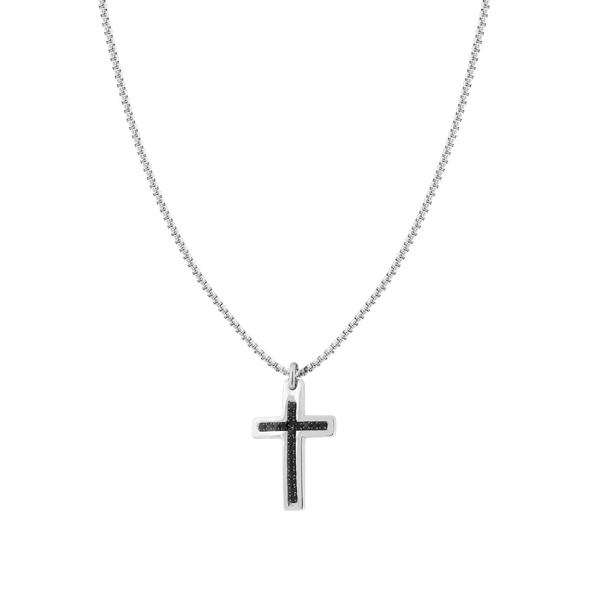 Collana Catena Veneziana Tonda con Croce e Crystal Neri in ACCIAIO
