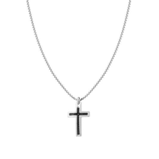 Collana Catena Veneziana Tonda con Croce e Crystal Neri in ACCIAIO