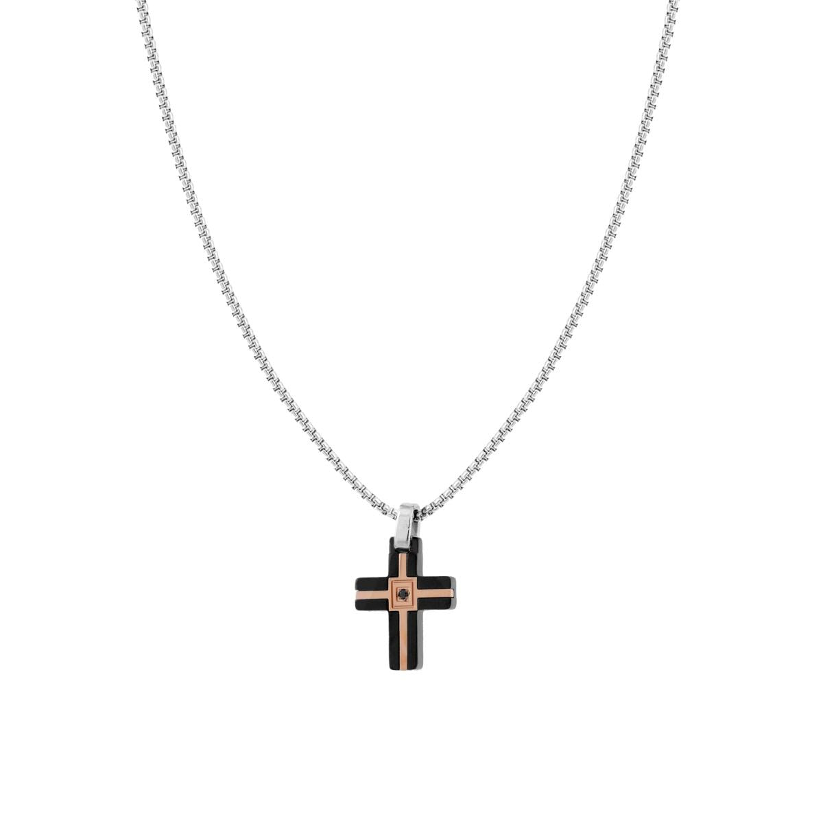 Collana Catena Veneziana Tonda con Croce Nero Rosa e Crystal Nero in ACCIAIO