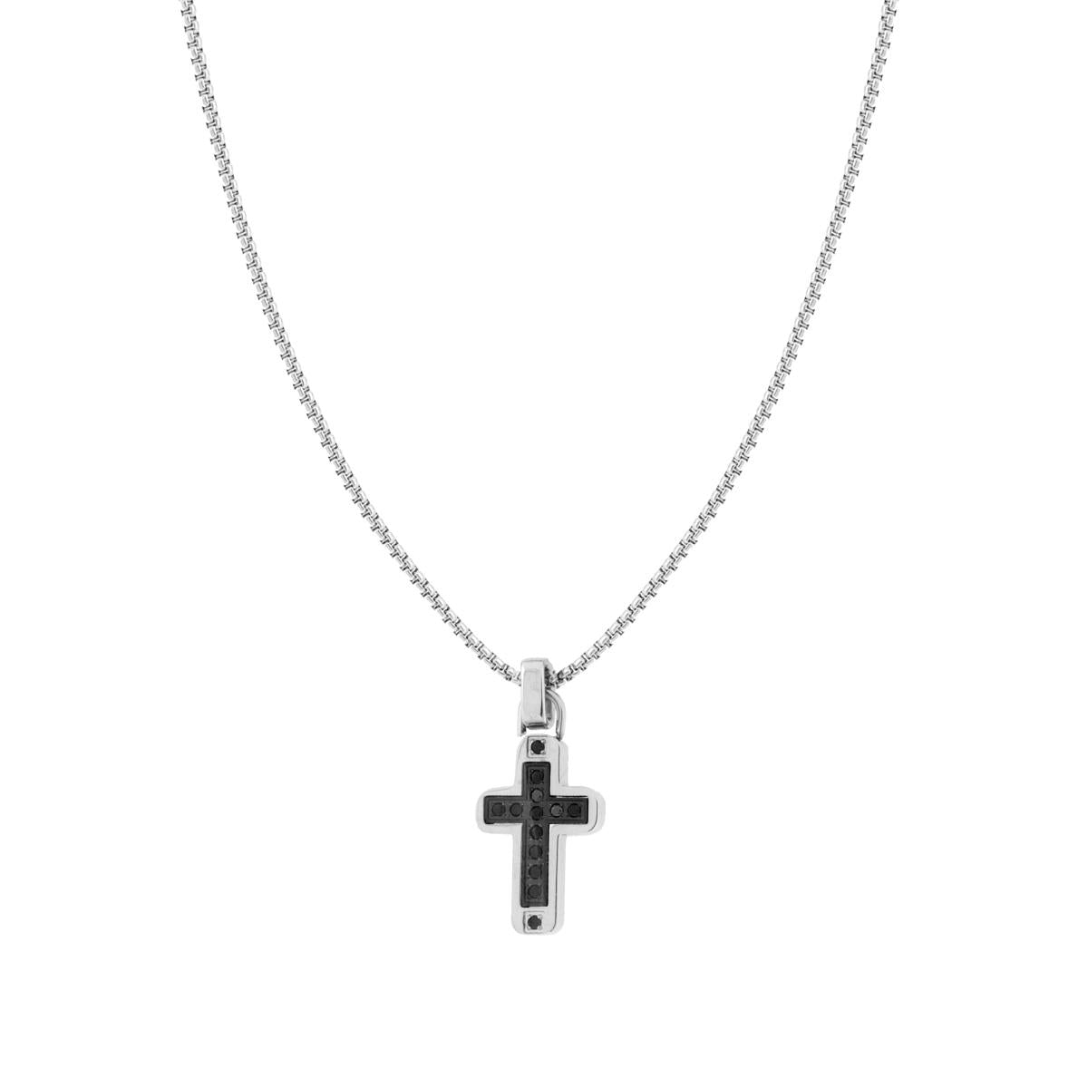 Collana Catena Veneziana Tonda con Croce e Crystal Neri in ACCIAIO