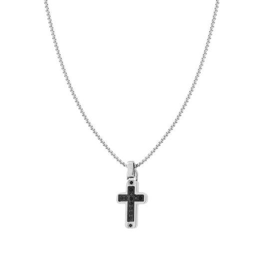 Collana Catena Veneziana Tonda con Croce e Crystal Neri in ACCIAIO