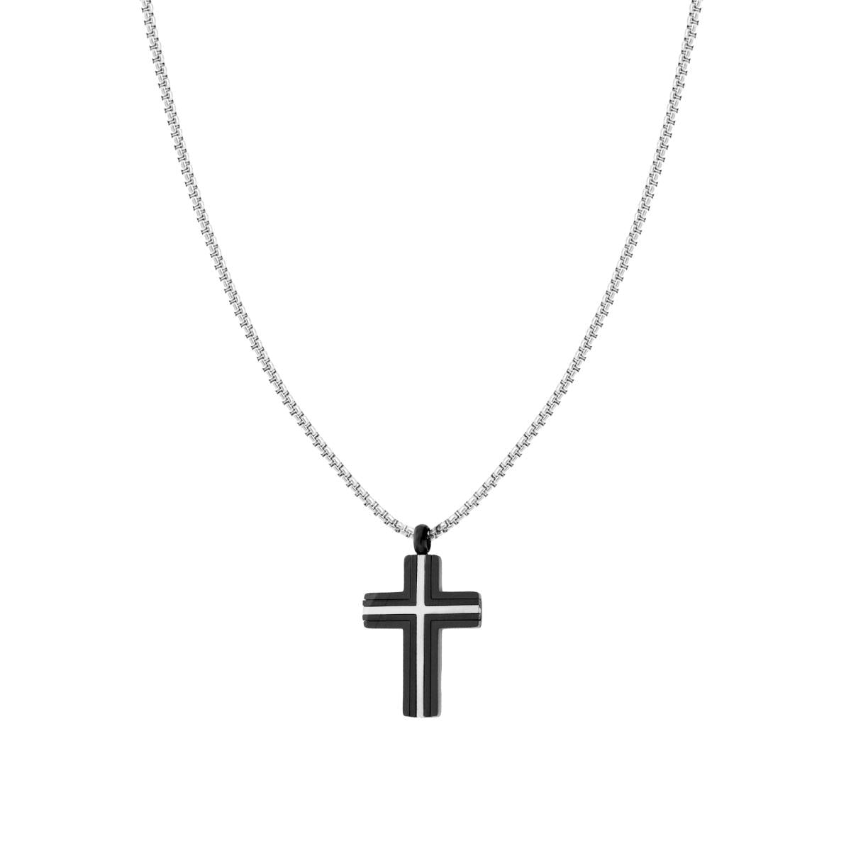 Collana Catena Veneziana Tonda con Croce Nera in ACCIAIO
