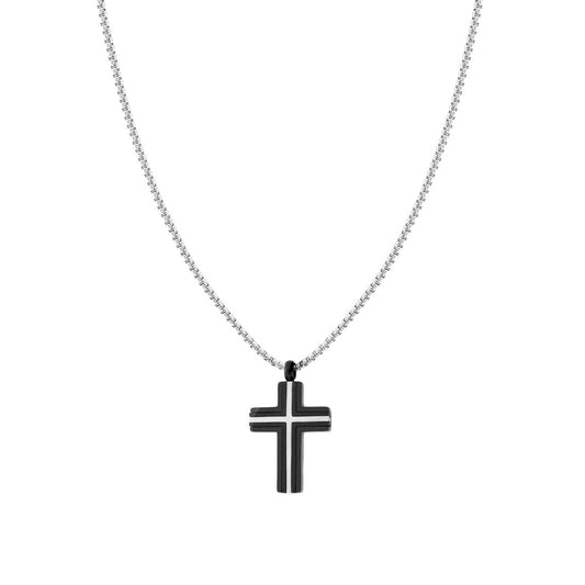 Collana Catena Veneziana Tonda con Croce Nera in ACCIAIO
