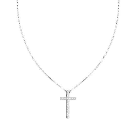 Collana Catena Forzatina Diamantata con Croce e Crystal Bianchi in ACCIAIO