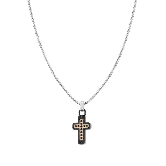 Collana Catena Veneziana Tonda con Croce Nero Rosa e Crystal Nero in ACCIAIO