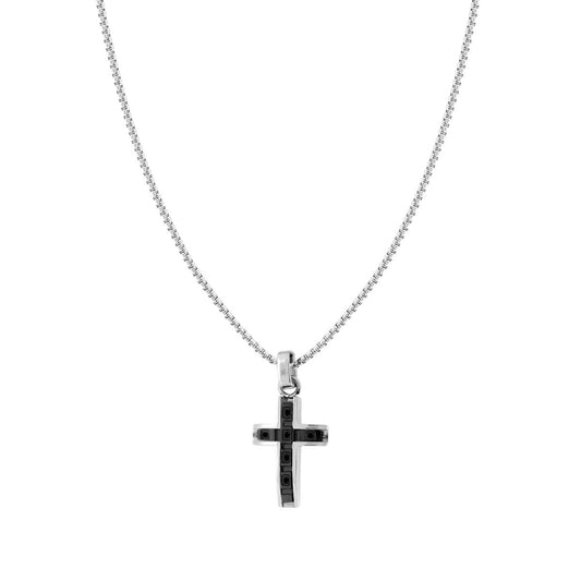 Collana Catena Veneziana Tonda con Croce e Crystal Neri in ACCIAIO