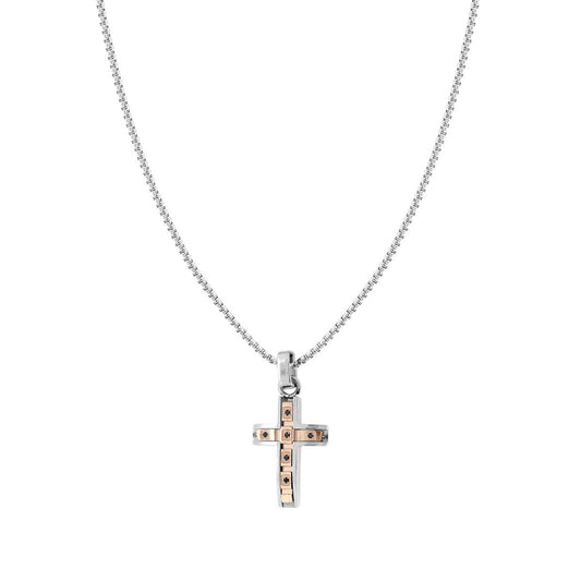Collana Catena Veneziana Tonda con Croce Rosa e Crystal Neri in ACCIAIO