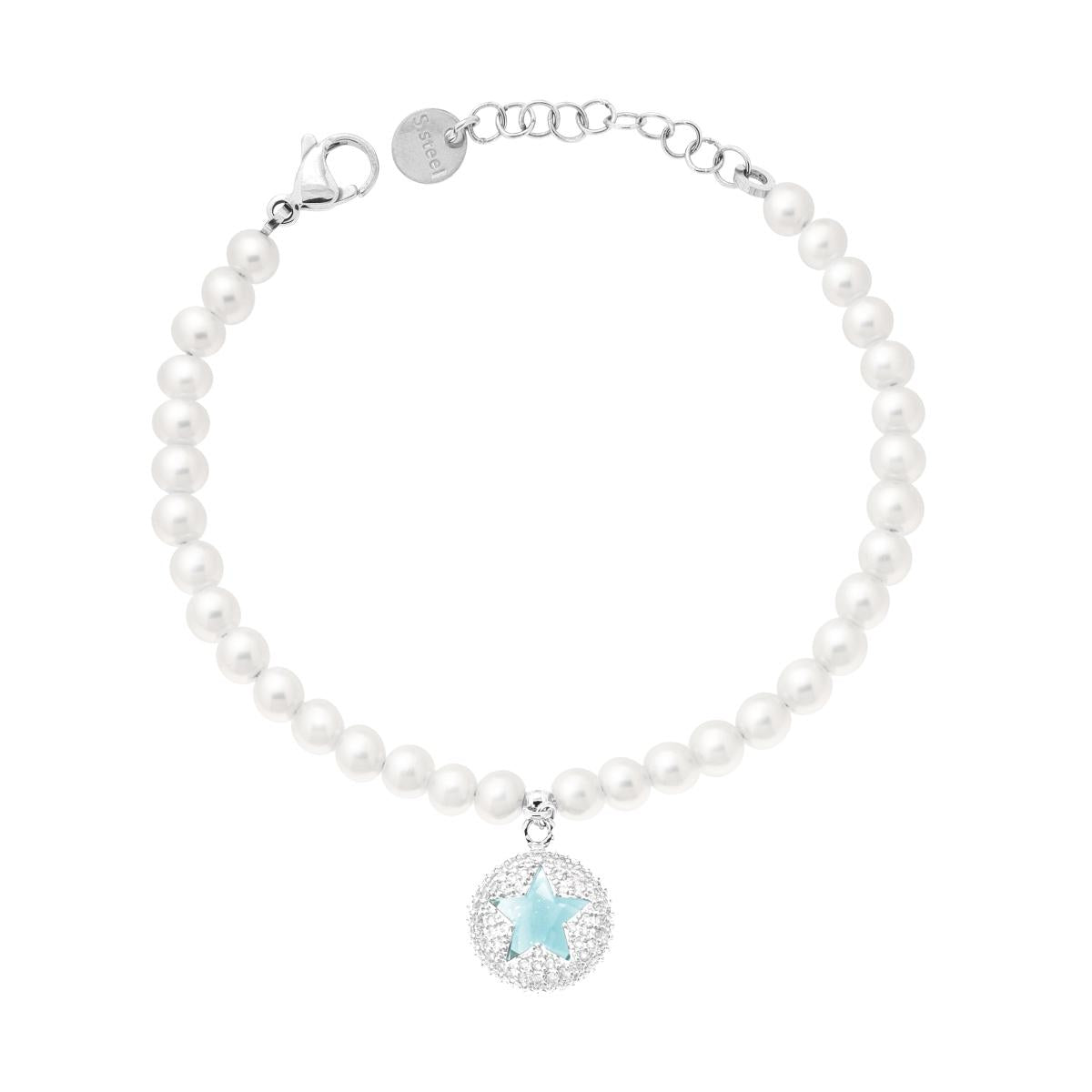 Bracciale Perle con Tondo Stella Crystal Acquamarina e Bianchi in ACCIAIO