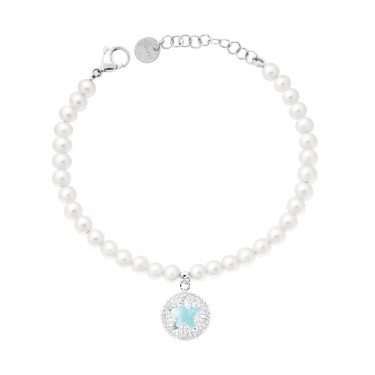 Bracciale Perle con Tondo Stella Crystal Acquamarina e Bianchi in ACCIAIO