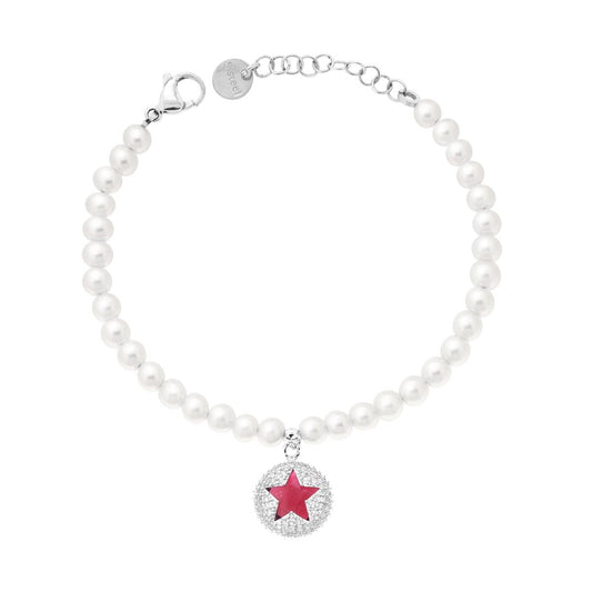 Bracciale Perle con Tondo Stella Crystal Rosso Rubino e Bianchi in ACCIAIO