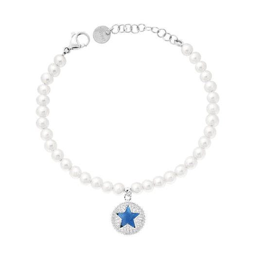 Bracciale Perle con Tondo Stella Crystal Blu Zaffiro e Bianchi in ACCIAIO