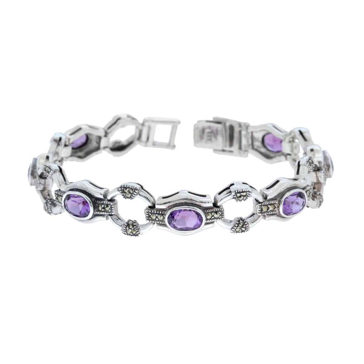 Bracciale Etnico Thailandese con Pietre Ovali Ametista e Marcassite in ARGENTO 925