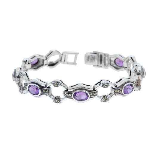 Bracciale Etnico Thailandese con Pietre Ovali Ametista e Marcassite in ARGENTO 925