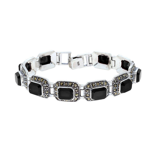 Bracciale Etnico Thailandese con Pietre Rettangolari Onice Nero e Marcassite in ARGENTO 925