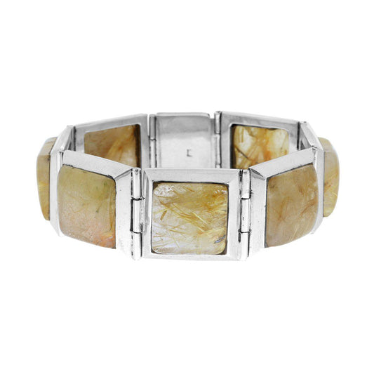 Bracciale Fascia Etnico Thailandese Maglia Quadrata con Pietre Quarzo Rutilato in ARGENTO 925