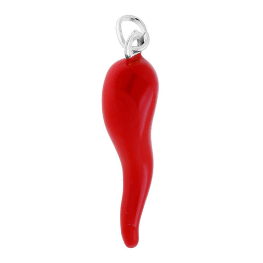 Ciondolo a forma di Cornetto portafortuna in Argento con applicazione smalto colore Rosso.<BR>Made in Italy