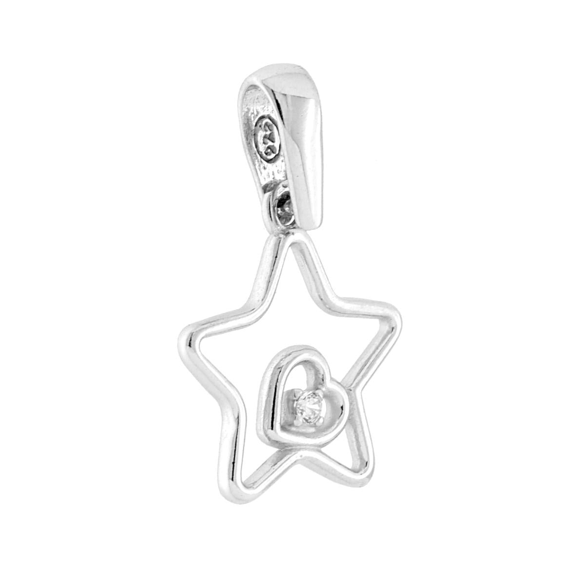 Ciondolo a forma di stella con cuoricino all'interno e cubic zirconia bianco incastonato, finitura lucida. <BR>