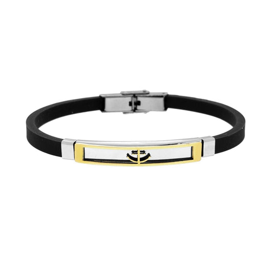 Bracciale Uomo PVC Caucciu Nero Targa con Ancora colore Oro e accessori in ACCIAIO