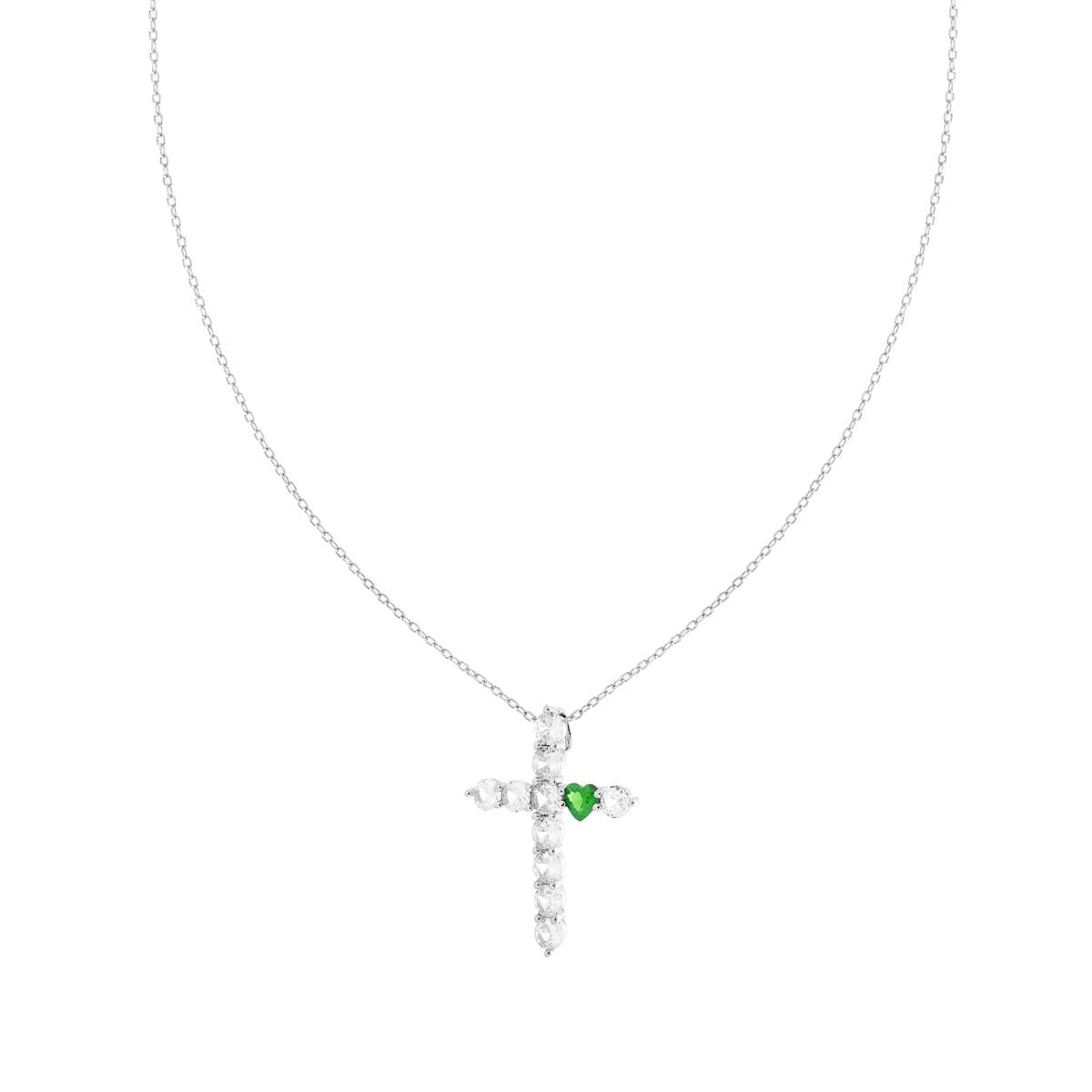 Collana catena Forzatina Diamantata con Croce Cubic Zirconia Bianchi e Cuore Verde Smeraldo in ARGENTO 925 Galvanica Rodio