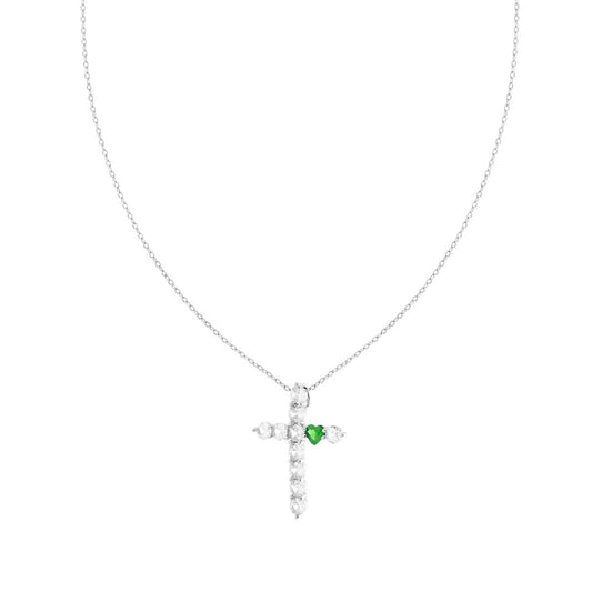 Collana catena Forzatina Diamantata con Croce Cubic Zirconia Bianchi e Cuore Verde Smeraldo in ARGENTO 925 Galvanica Rodio