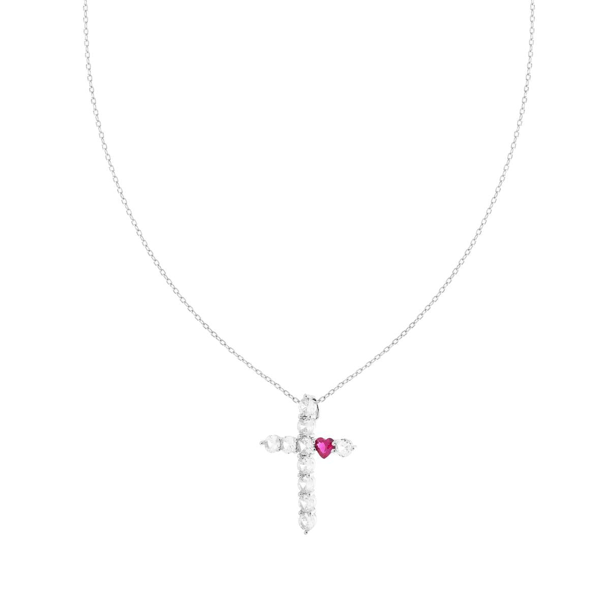 Collana catena Forzatina Diamantata con Croce Cubic Zirconia Bianchi e Cuore Rosso Rubino in ARGENTO 925 Galvanica Rodio
