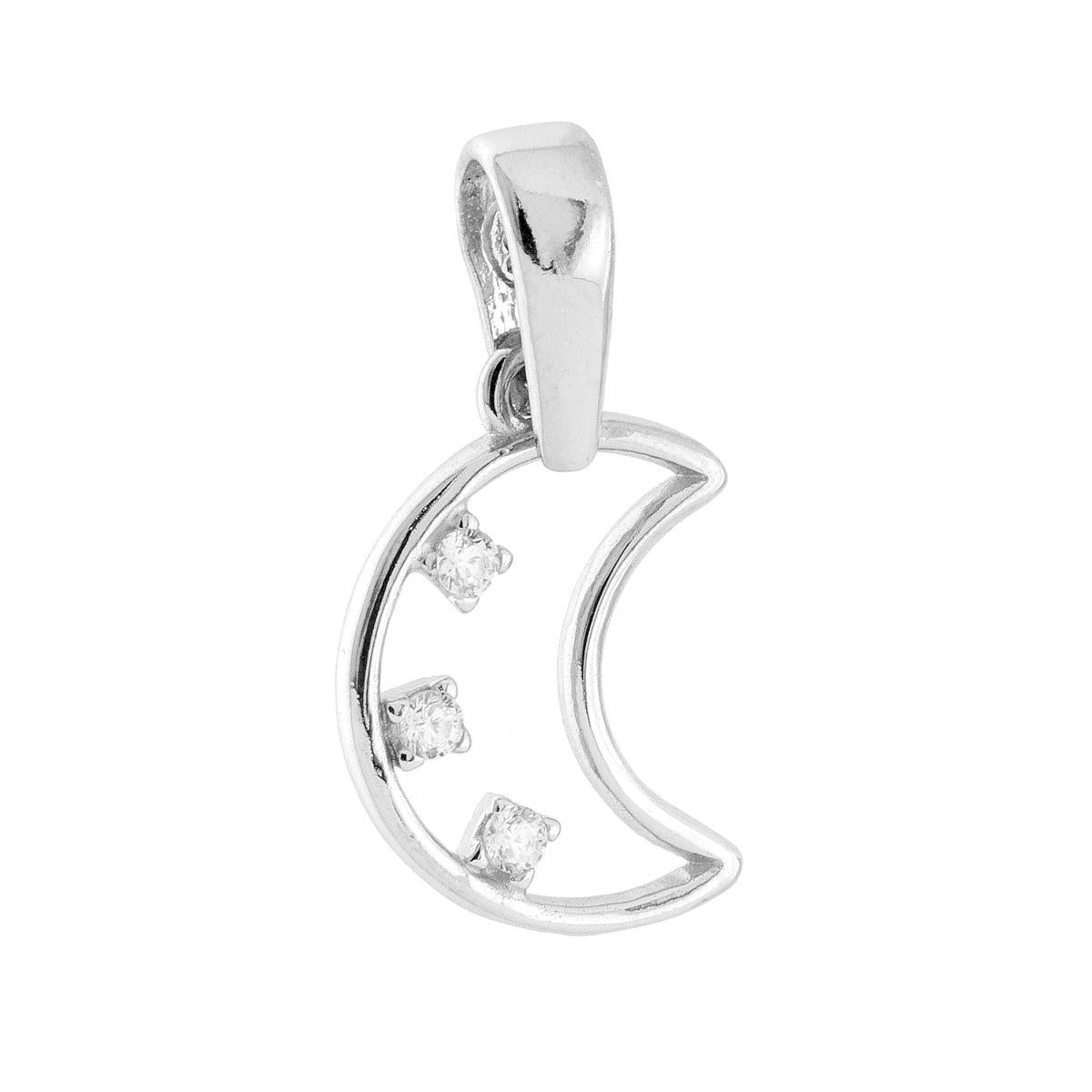 Ciondolo filo a forma di luna con finitura lucida e cubic zirconia bianchi incastonati.<BR>