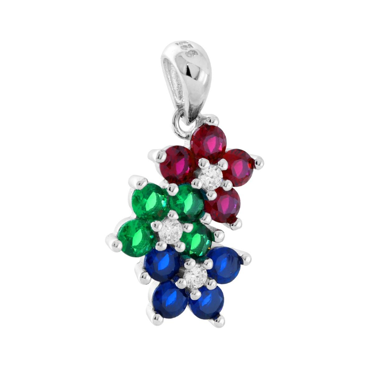 Ciondolo a forma di tre fiori con cubic zirconia multicolor montati su 3 Griffe.