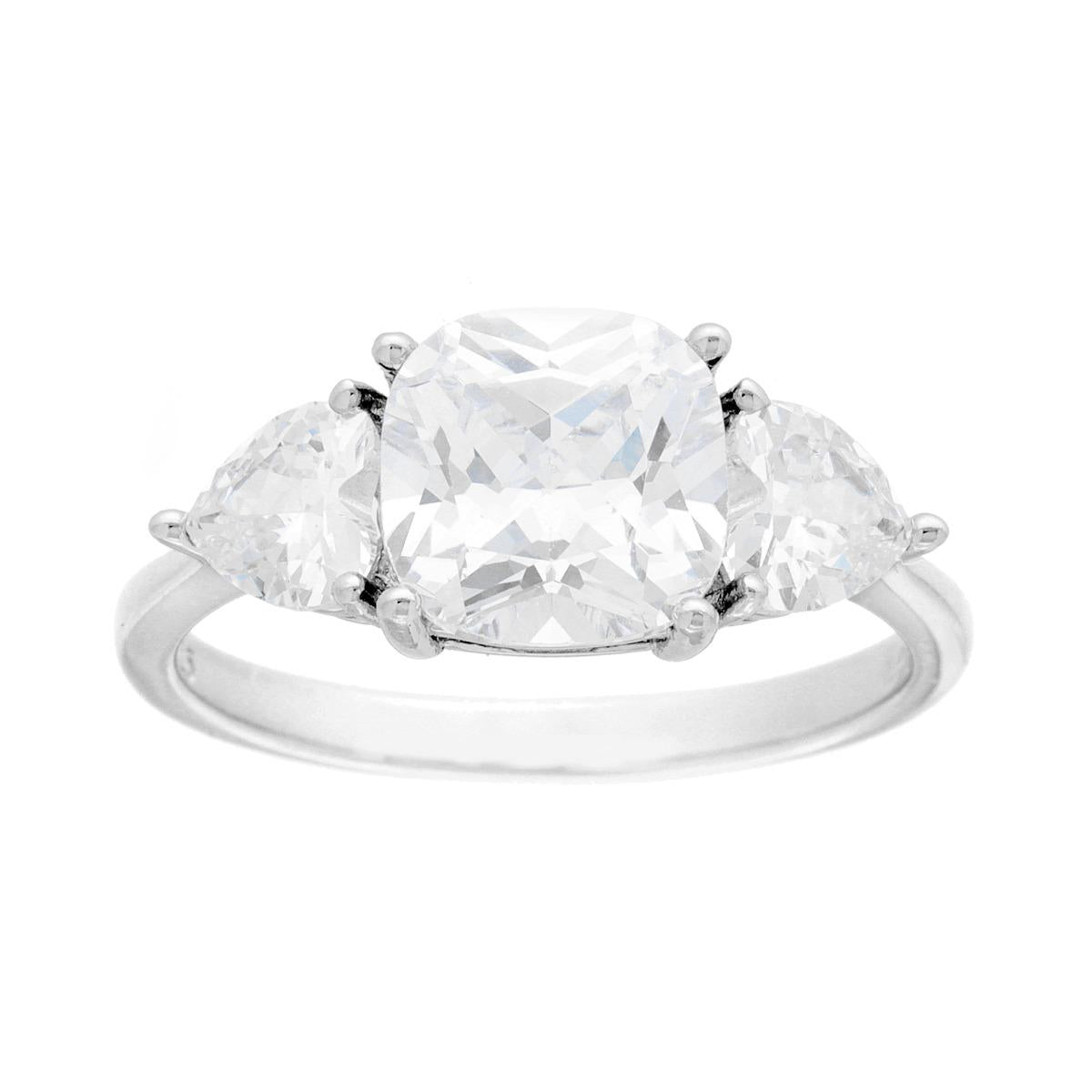 Anello Trilogy con Cubic Zirconia Quadrato Cushion e laterali a Cuore in ARGENTO 925 Galvanica Rodio