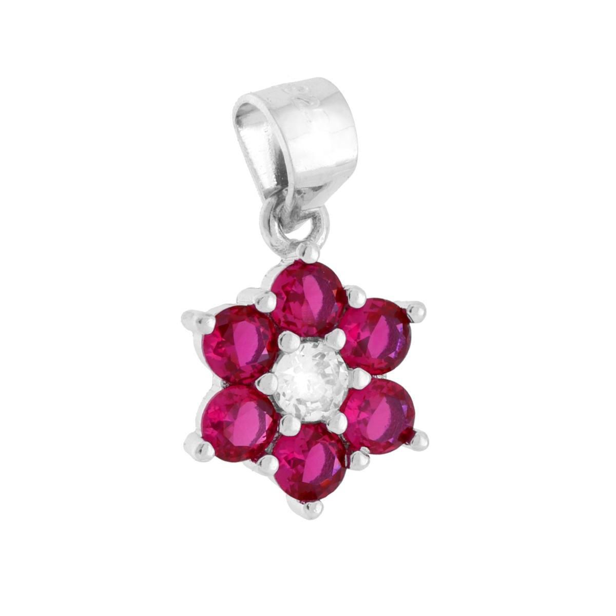 Ciondolo punto luce a forma di fiore con cubic zirconia colore bianco centrale e rosso rubino intorno, montati su Griffe.