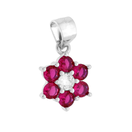 Ciondolo punto luce a forma di fiore con cubic zirconia colore bianco centrale e rosso rubino intorno, montati su Griffe.