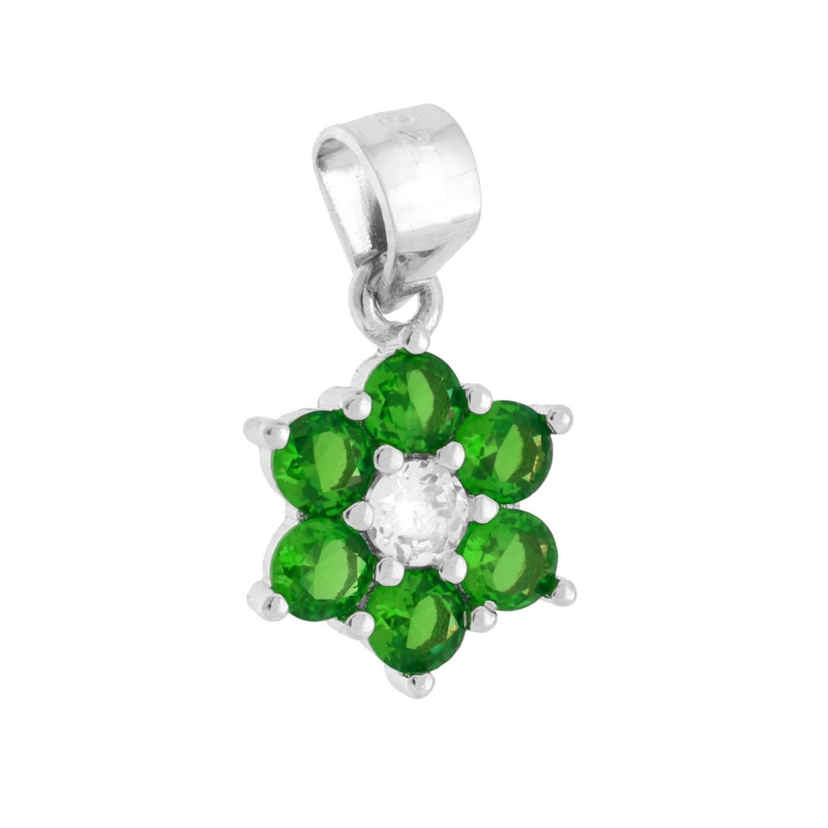 Ciondolo punto luce a forma di fiore con cubic zirconia colore bianco centrale e Verde Smeraldo intorno, montati su Griffe.