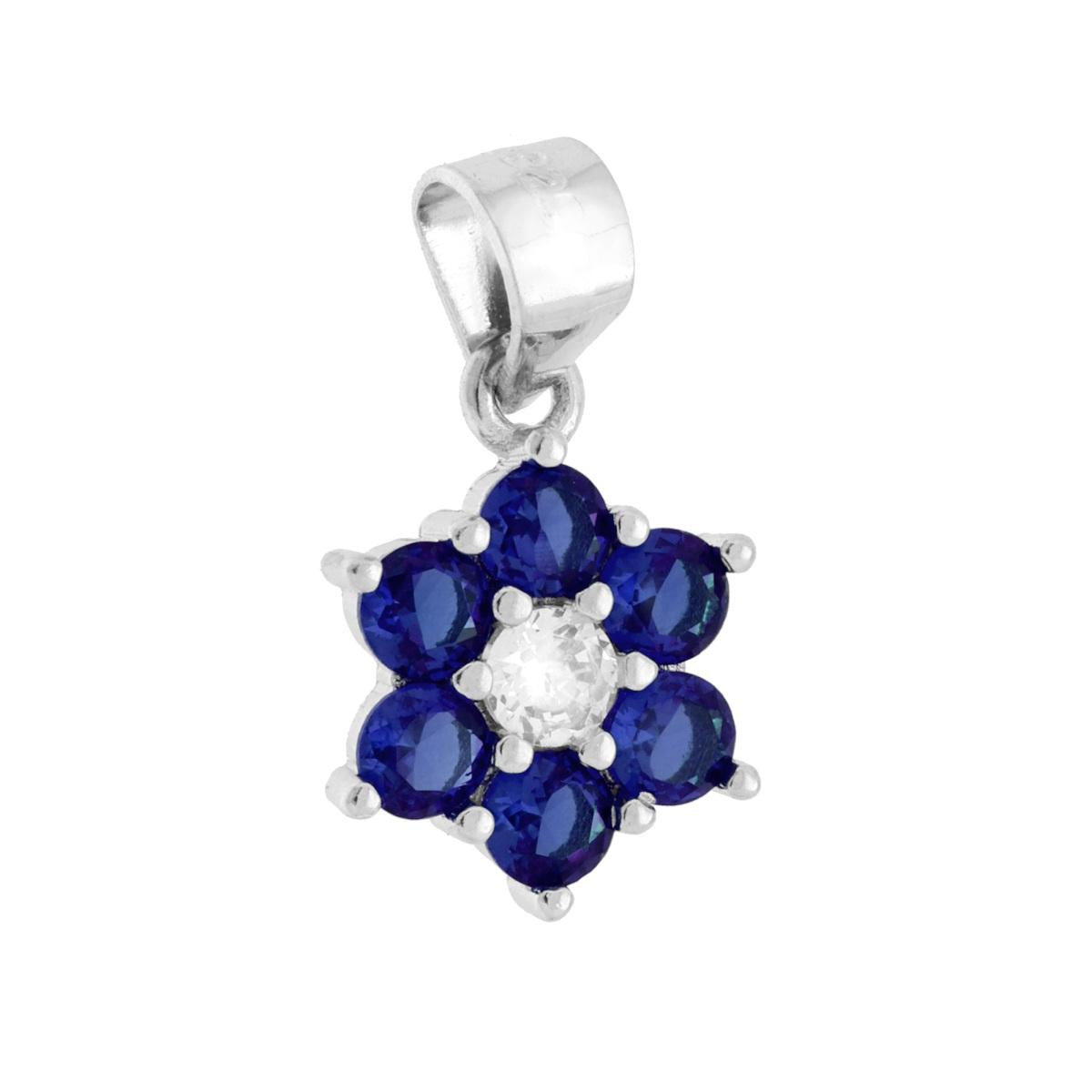 Ciondolo punto luce a forma di fiore con cubic zirconia colore bianco centrale e Blu Zaffiro intorno, montati su Griffe.