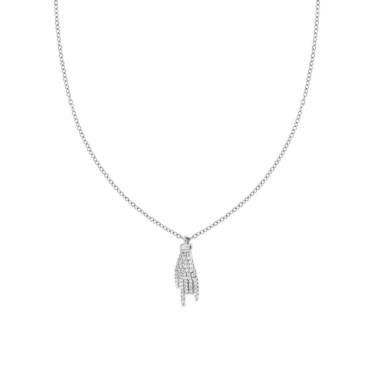 Collana Catena Forzatina Diamantata con Mano Corna Portafortuna e Crystal Bianchi in ACCIAIO e OTTONE