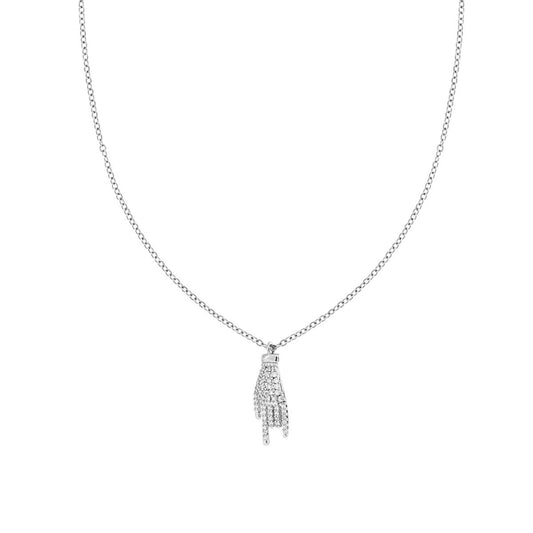 Collana Catena Forzatina Diamantata con Mano Corna Portafortuna e Crystal Bianchi in ACCIAIO e OTTONE