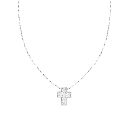 Collana Catena Forzatina Diamantata con Croce e Crystal Bianco in ACCIAIO e OTTONE