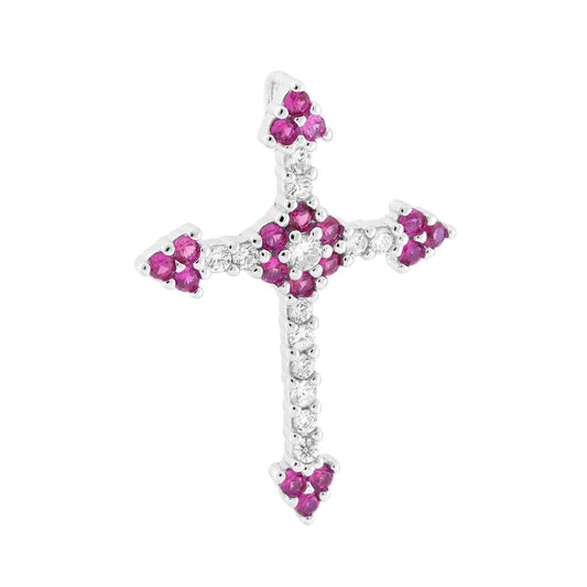 Ciondolo a forma di croce romana con passante per catena e con cubic zirconia bianchi e Rosso Rubino incastonati. <BR>
