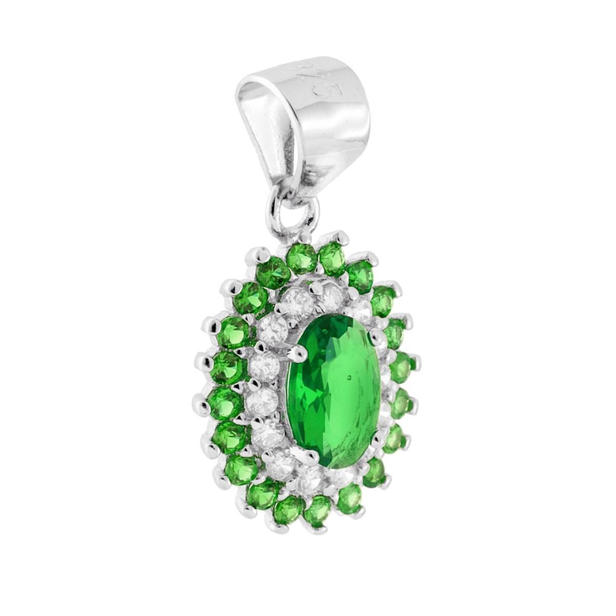 Ciondolo di forma ovale con cubic zirconia Verde Smeraldo centrale montato su 4 Griffe e cubic zirconia bianchi e Verde Smeraldo incastonati intorno.<BR>