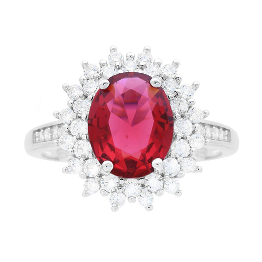 Anello Halo Solitario con Zircone Ovale Rosso Rubino contornato da Zirconi Bianchi in ARGENTO 925 Galvanica Rodio