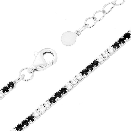 Bracciale Tennis cm 16+3 con Zirconi mm 1.5 alternati Neri e Bianchi in ARGENTO 925 Galvanica Rodio