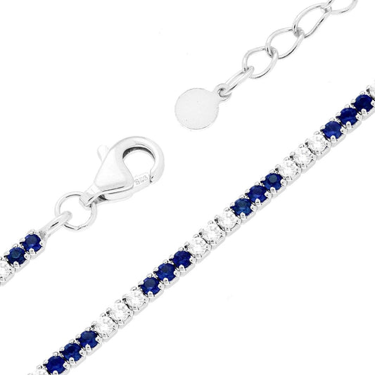 Bracciale Tennis cm 16+3 con Zirconi mm 1.5 alternati Blu Zaffiro e Bianchi in ARGENTO 925 Galvanica Rodio