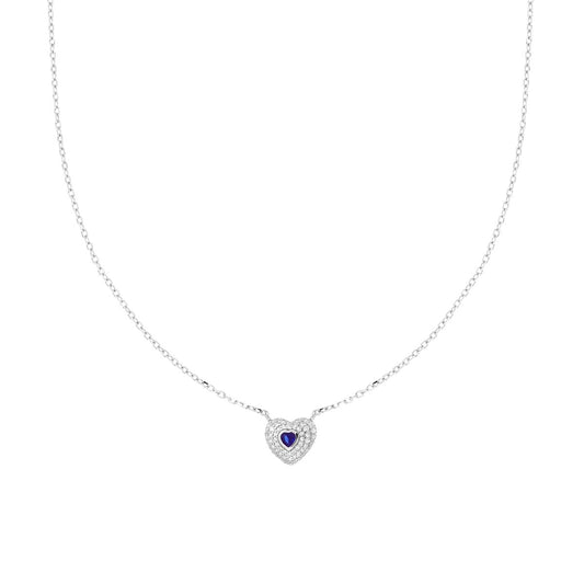 Collana Catena Forzatina Diamantata con Cuore Blu Zaffiro contornato da Cubic Zirconia Bianchi in ARGENTO 925 Galvanica Rodio